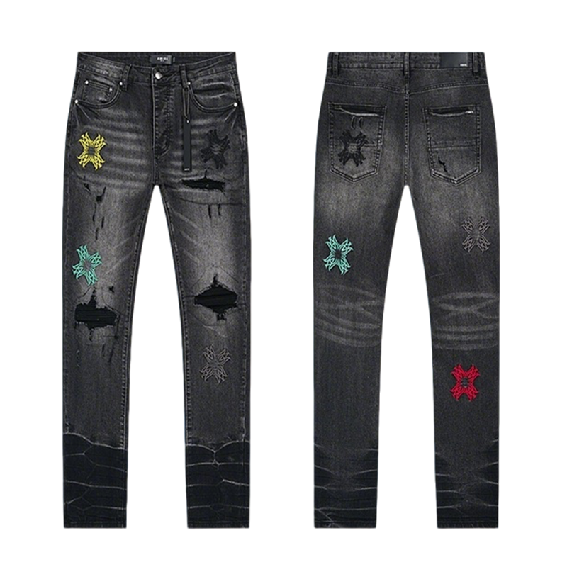 Amiri Dark Grey Distressed Jeans With Vibrant Embroidered Designs