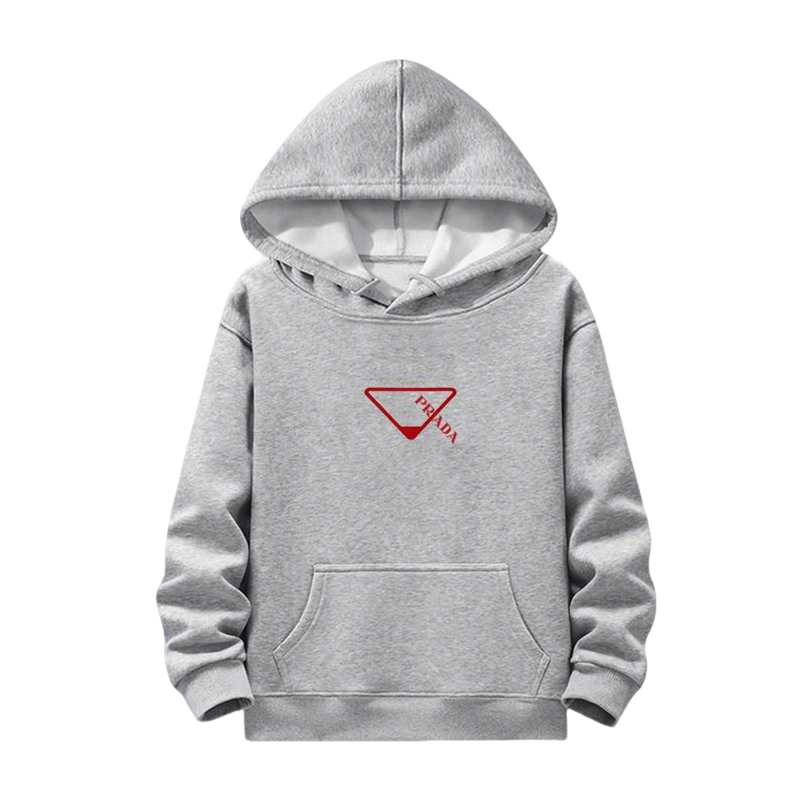 Prada Gray Hoodie With Iconic Red Triangle Logo And Cozy Hooded Design