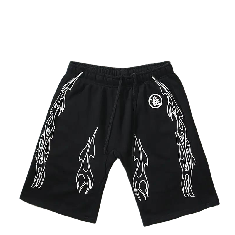 Hellstar Men's Black Drawstring Shorts with White Flame Graphics