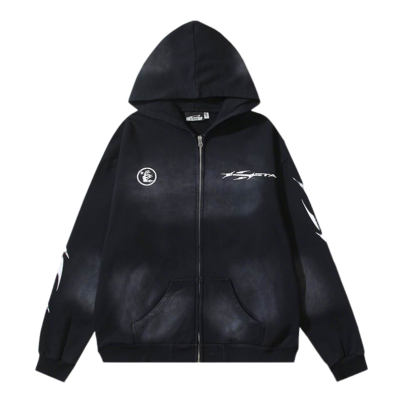 Black Hooded Zip - Up Jacket With Hellstar Graphics And Details