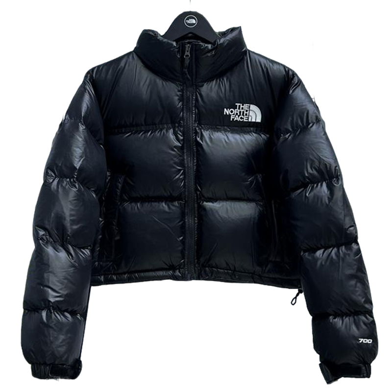 The North Face Black Glossy Cropped Nuptse Puffer Jacket For Winter Warmth