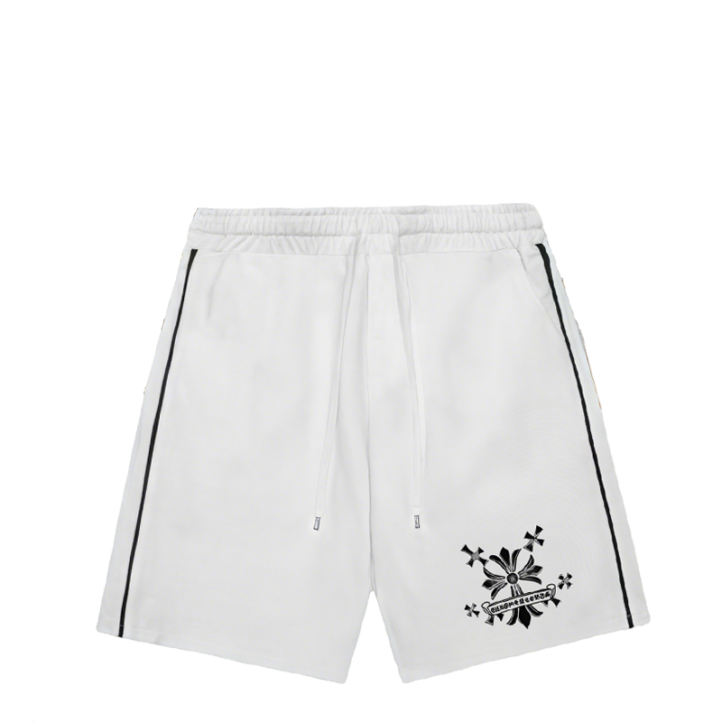 Chrome Hearts Style White Drawstring Shorts With Black Cross Logo