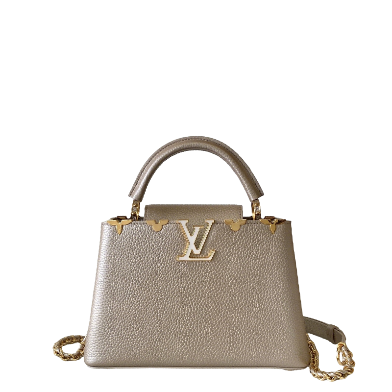 Elegant Louis Vuitton Capucines Mini Bag in Beige Grained Leather with Gold Accents