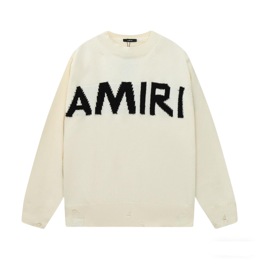 Amiri Men's Cream Crew Neck Knitted Sweater With Distressed Details