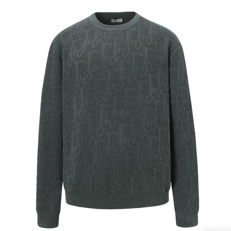 Dior Dark Green Patterned Crew Neck Long Sleeve Fashion Sweater