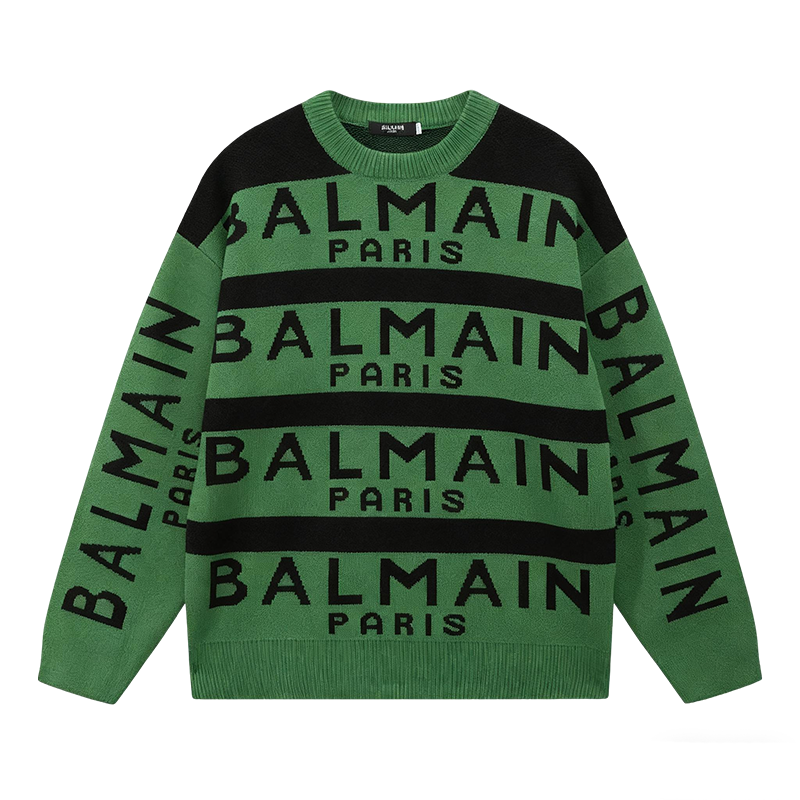 Balmain Green And Black Crew Neck Sweater With Brand Logo Print