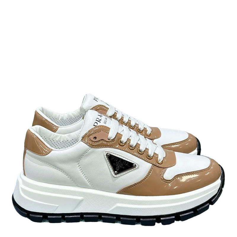 Unisex Prada White And Brown Chunky Platform Sneakers With Triangle Logo
