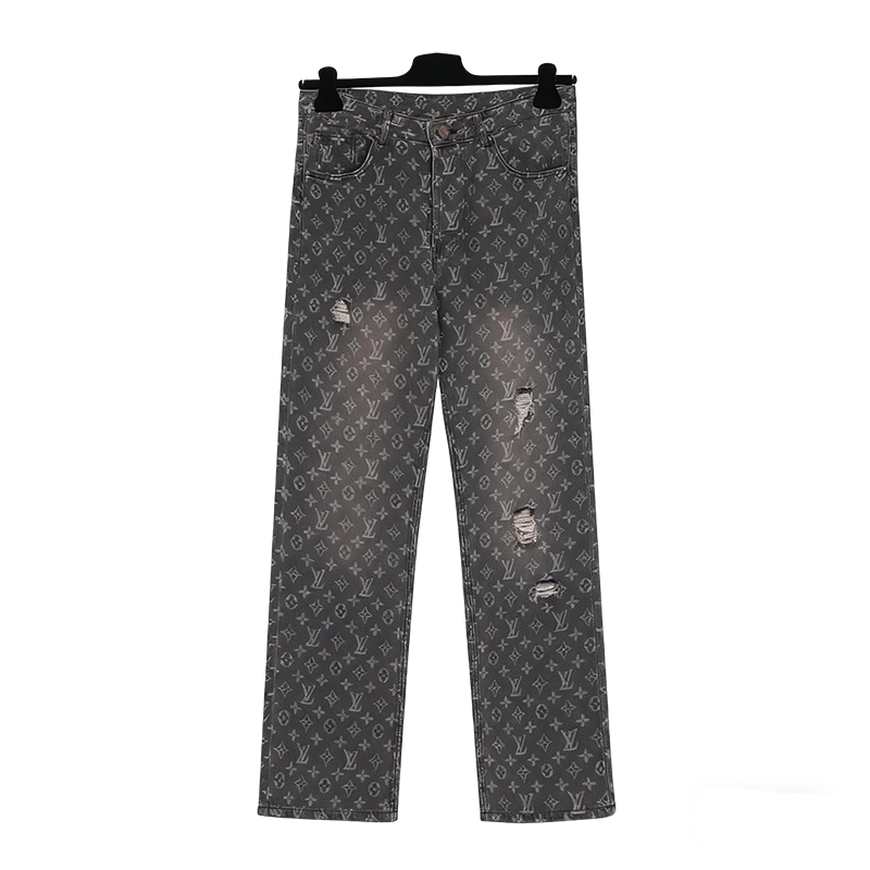 Louis Vuitton Men's Grey Monogram Denim Jeans With Distressed Details