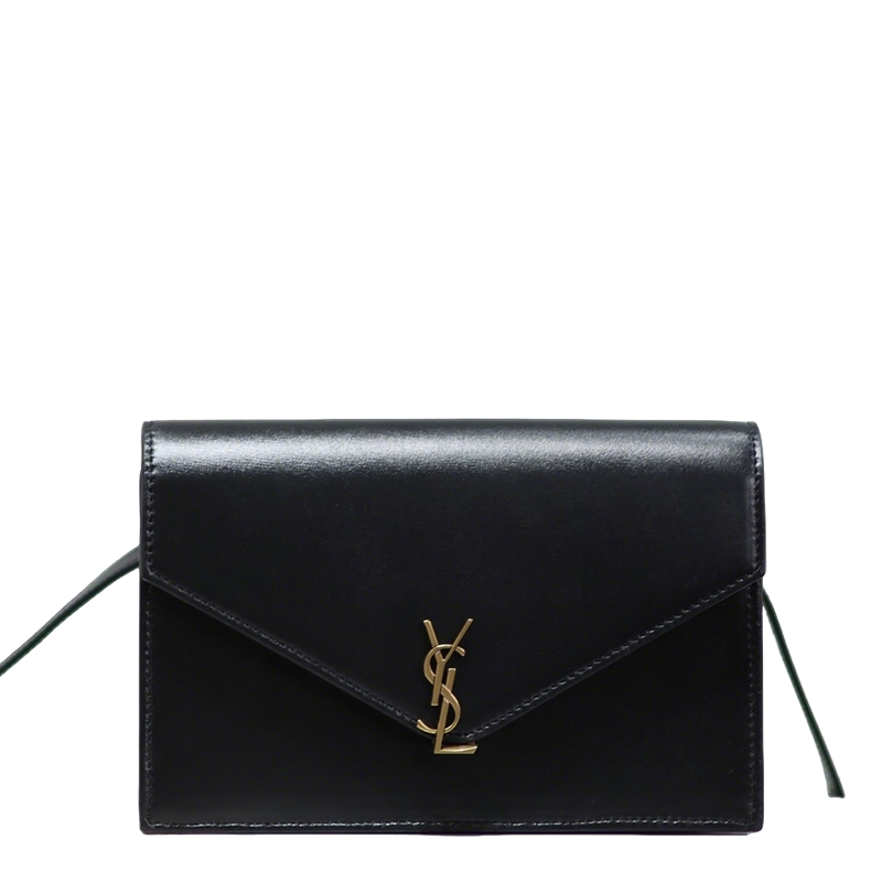 YSL VOLTAIRE Black Leather Envelope Crossbody Bag with Gold Logo 785281