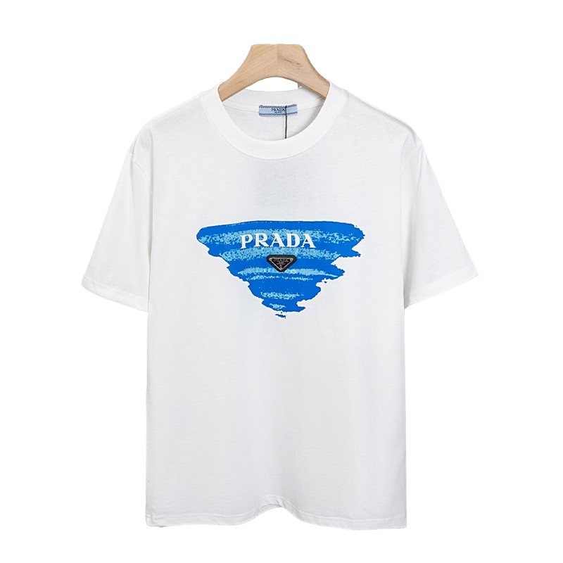 Prada White/Black Tee With Blue Graphic Logo For Modern Luxury Casual Looks