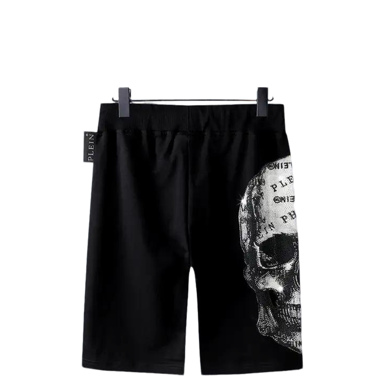 Philipp Plein Men's Black Shorts With Rhinestone Skull Print