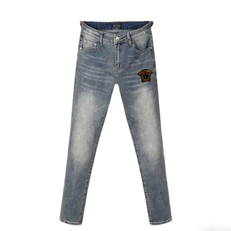 Versace Men's Light Wash Denim Jeans With Signature Embroidered Detail