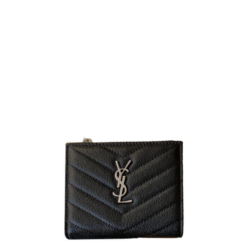 YSL Black Quilted Leather Wallet with Silver Logo for Elegant Style 575974