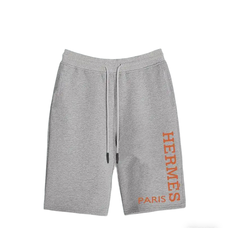 Hermès Men's Grey Drawstring Shorts with Orange Brand Print