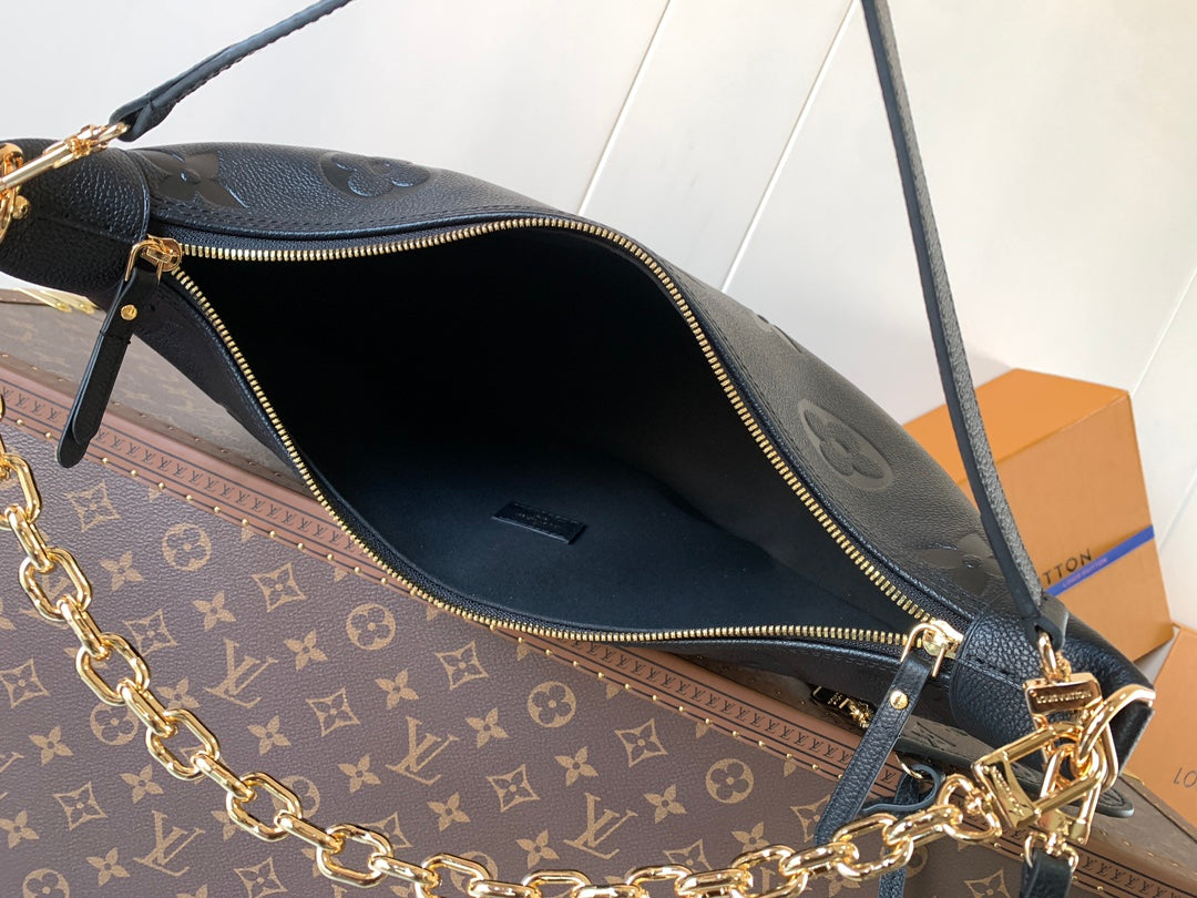 Louis Vuitton Black Embossed Leather Moon Bag With Gold Chain Stylish Luxury Shoulder Accessory