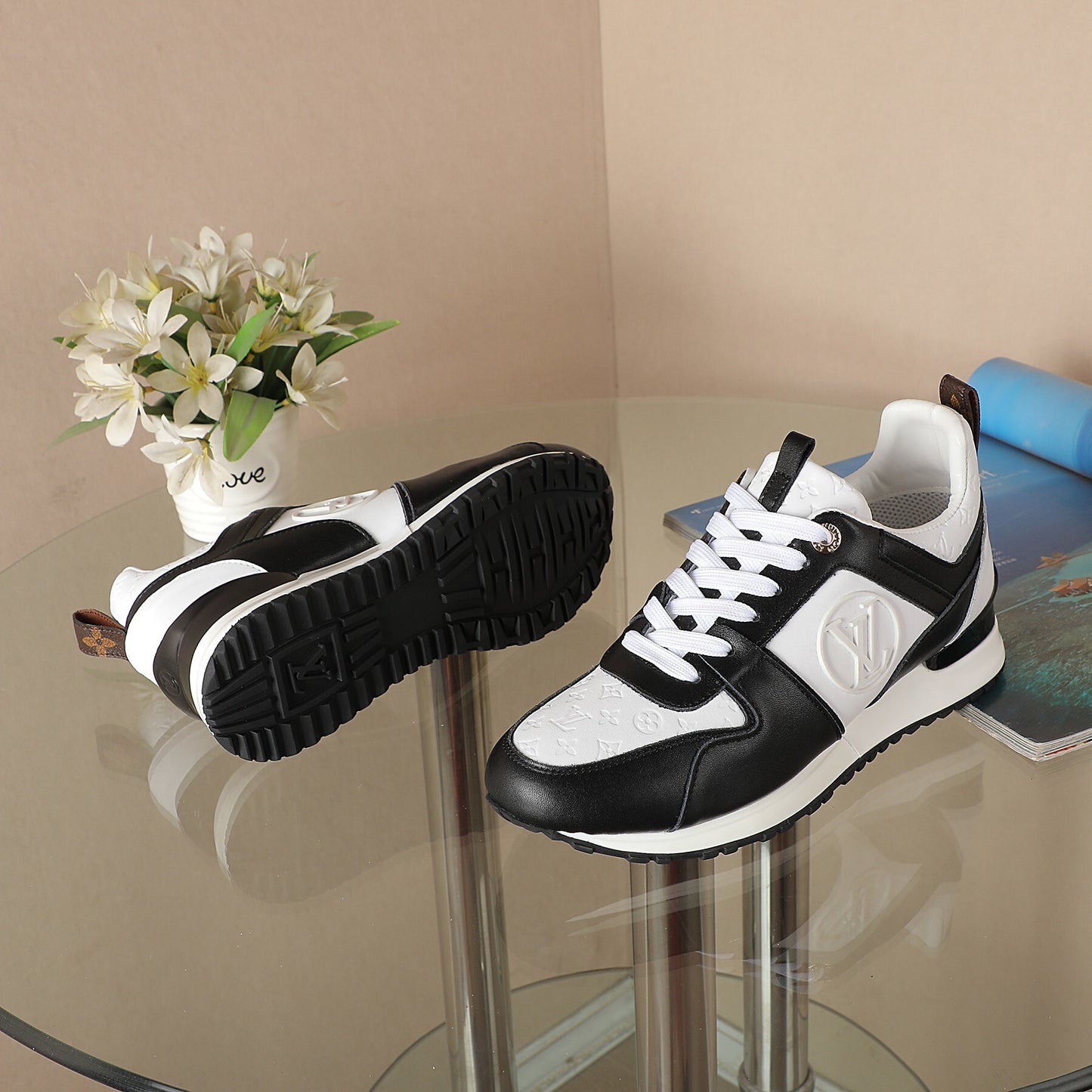 Louis Vuitton Women's Black and White Fashion Sneakers with Prominent Logo
