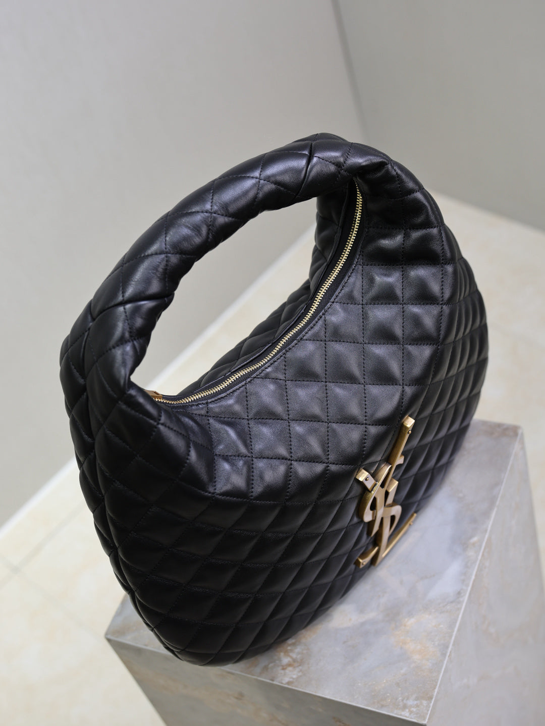 Stylish Black/Brown Quilted YSL Hobo Bag With Gold Logo 698652