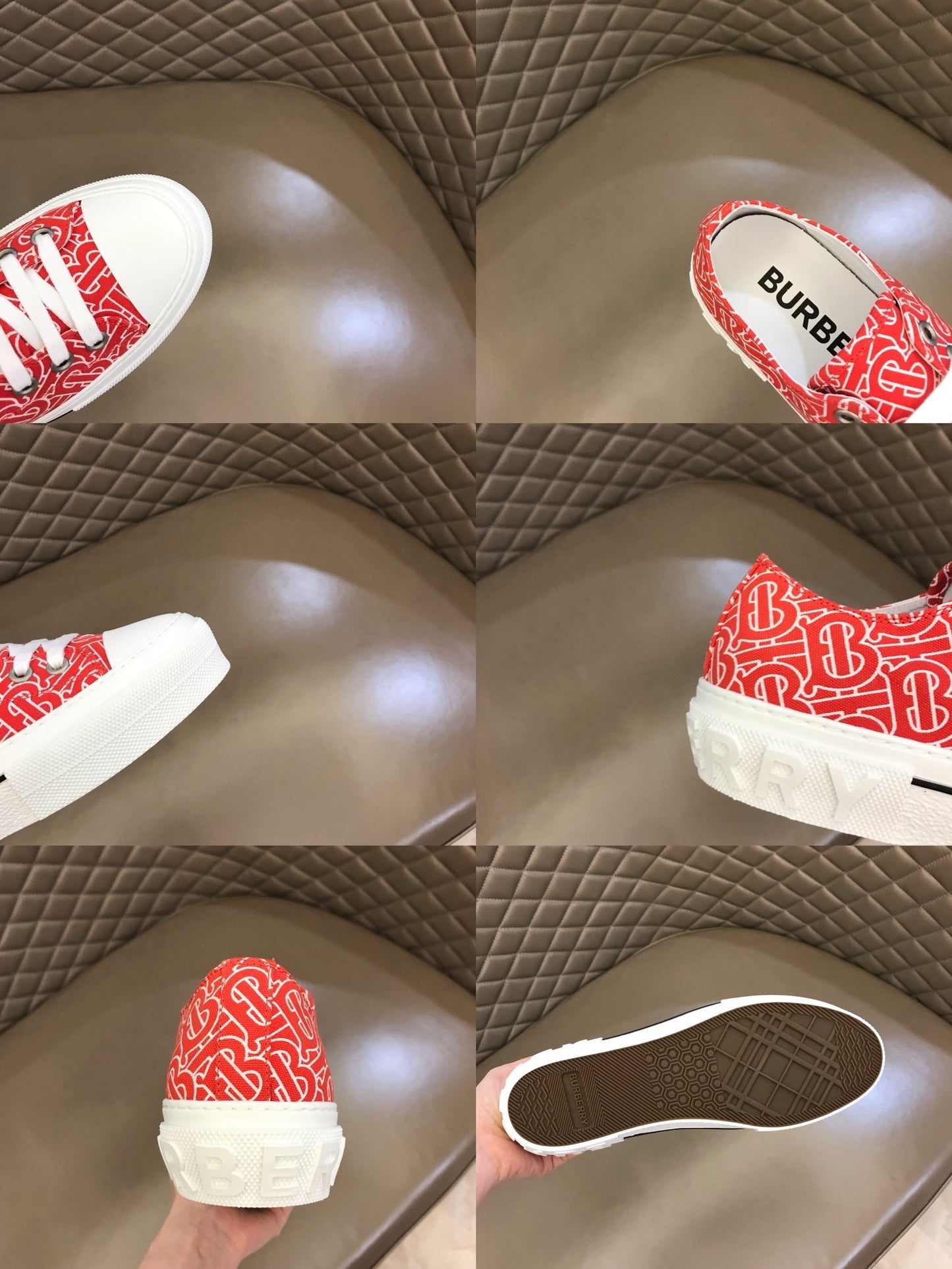 Burberry Unisex Red Monogram Canvas Sneakers Stylish Comfortable Footwear For Men And Women With Signature Logo Pattern