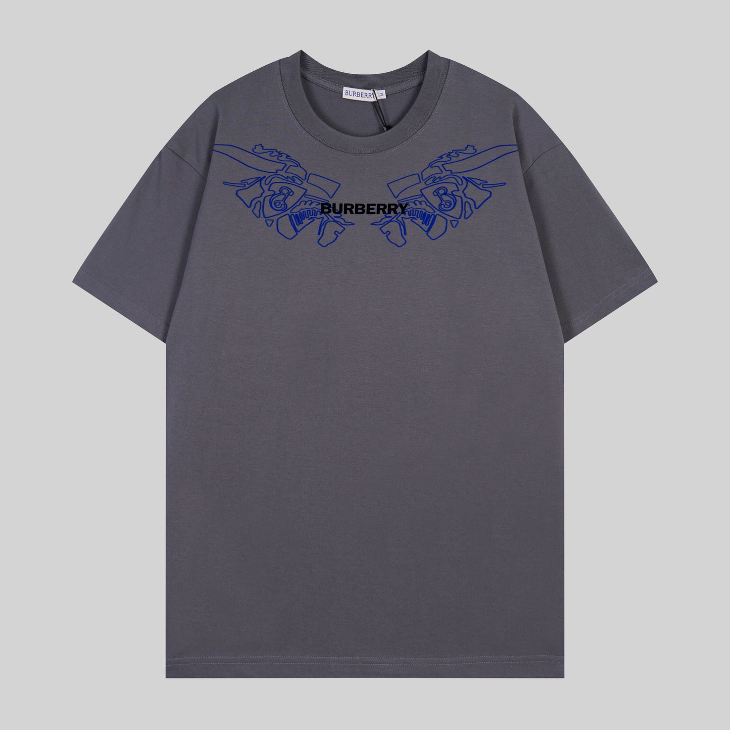 Burberry White/Black/Gray T - Shirt With Blue Equestrian Knight Graphic And Brand Logo