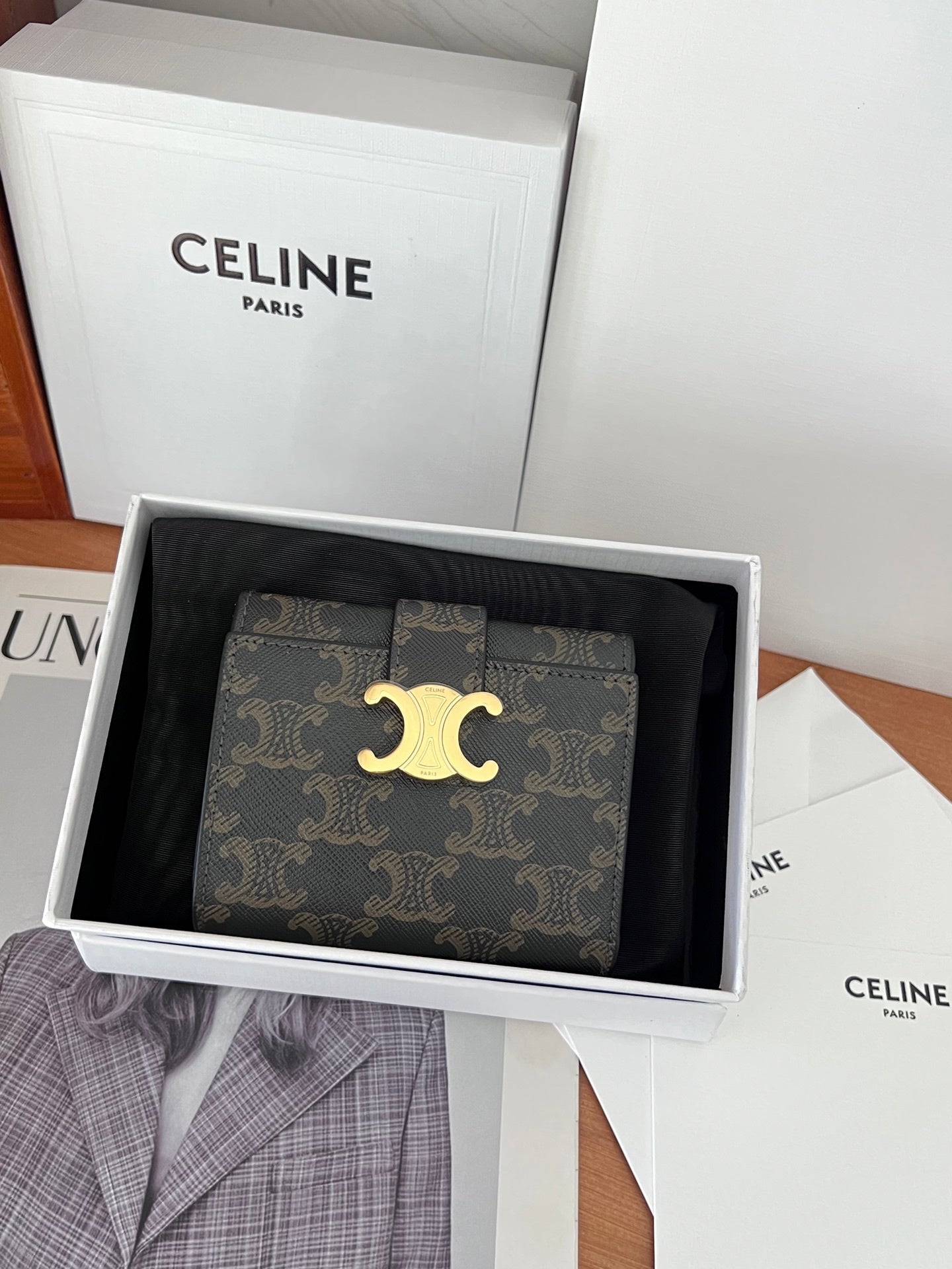 Celine VICTOIRE Triomphe Beige Leather Compact Wallet With Gold Hardware 100963