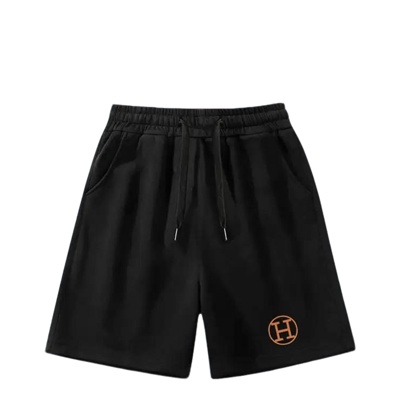 Hermès Men's Black Drawstring Shorts with Orange H Logo