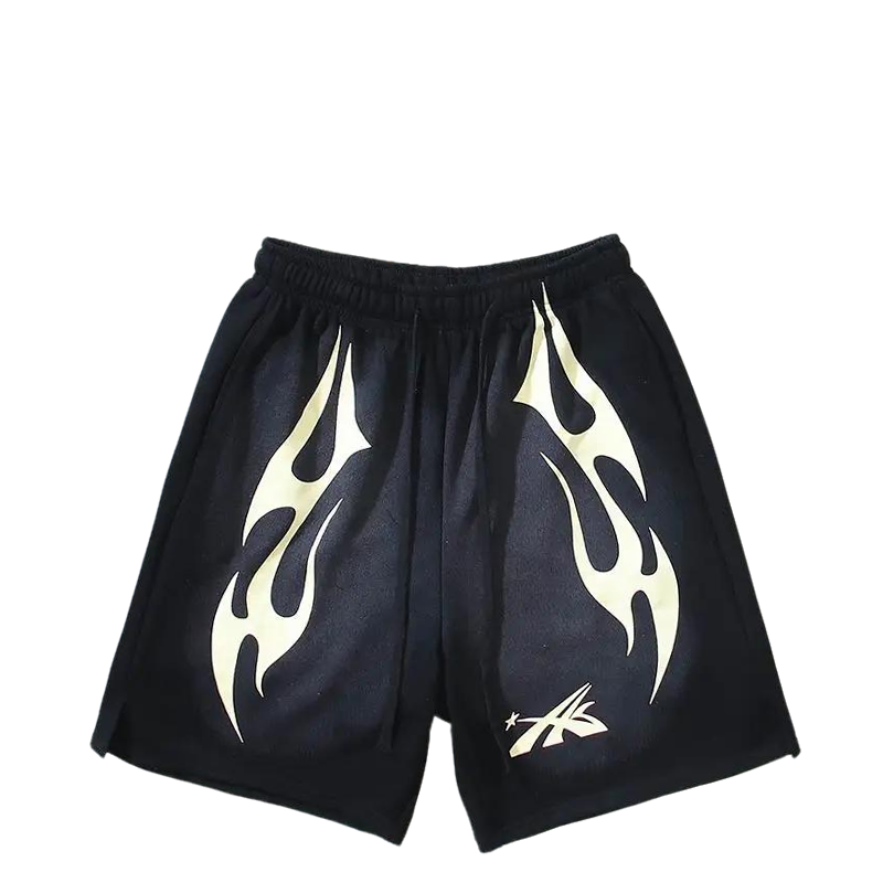 Hellstar Men's Black Drawstring Shorts with Cream Flame Graphics