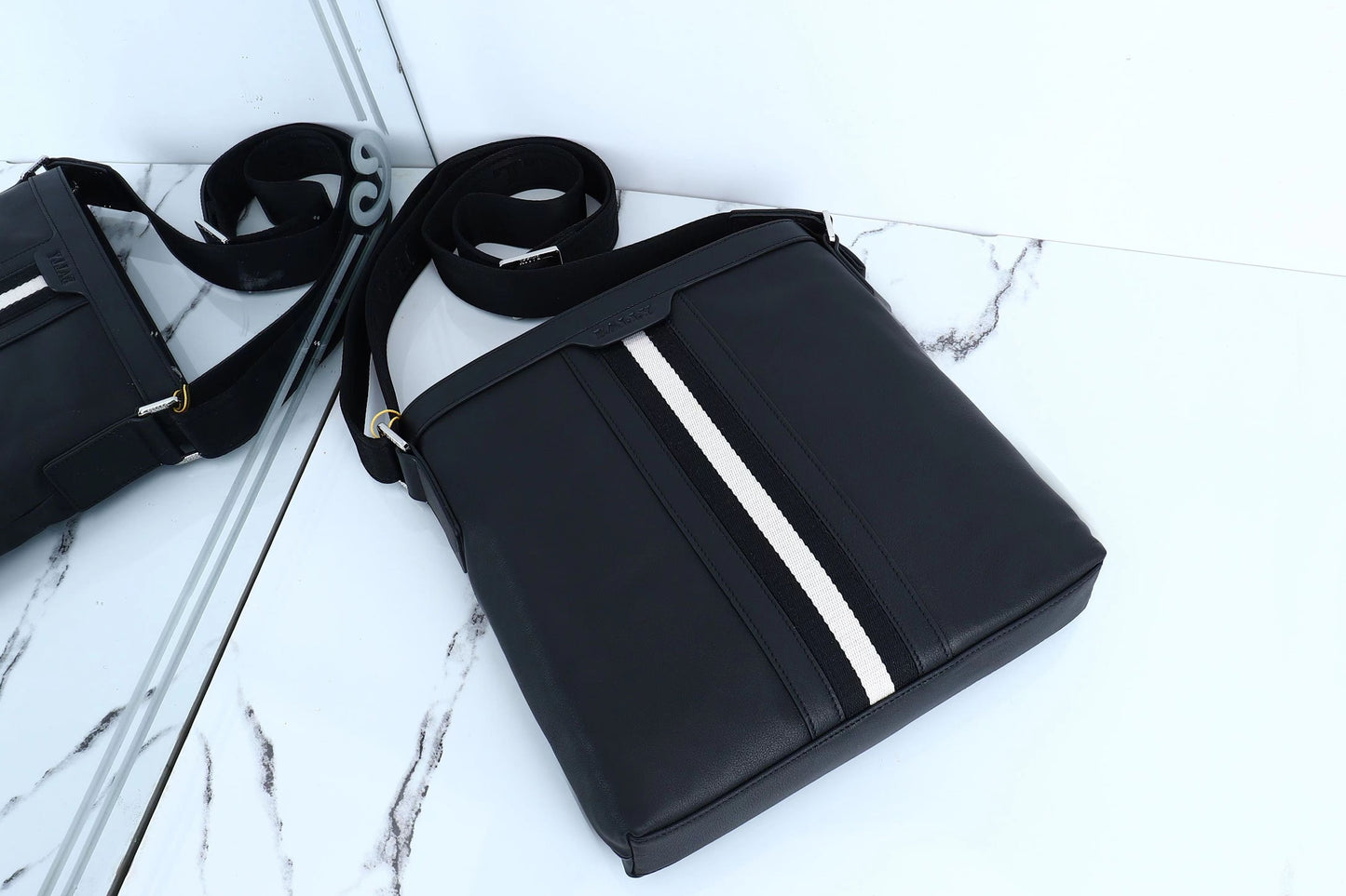 Black Bally Leather Crossbody Bag With Signature White Striped Accent And Adjustable Strap Style No.5855