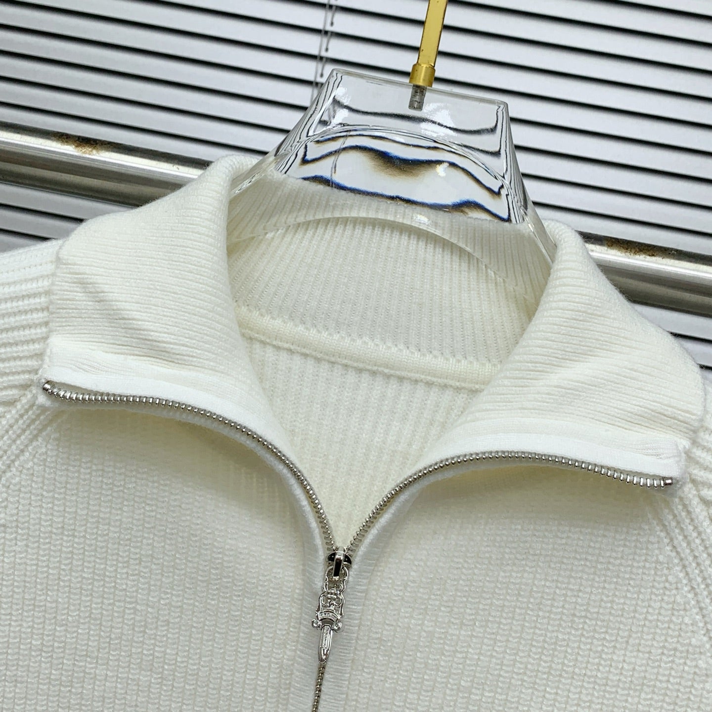 Chrome Hearts Inspired White Knit Cardigan With Collar Metal Buttons And Pockets