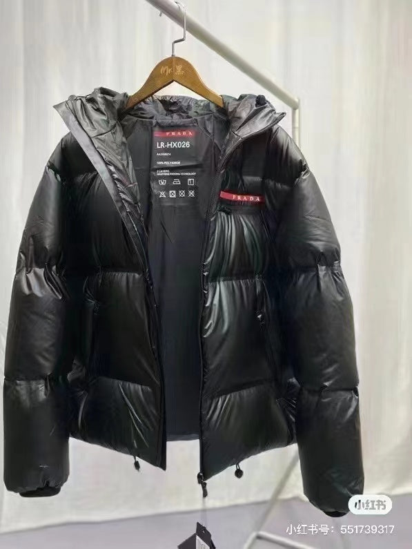 Prada Black Hooded Short Down Jacket With Brand Details