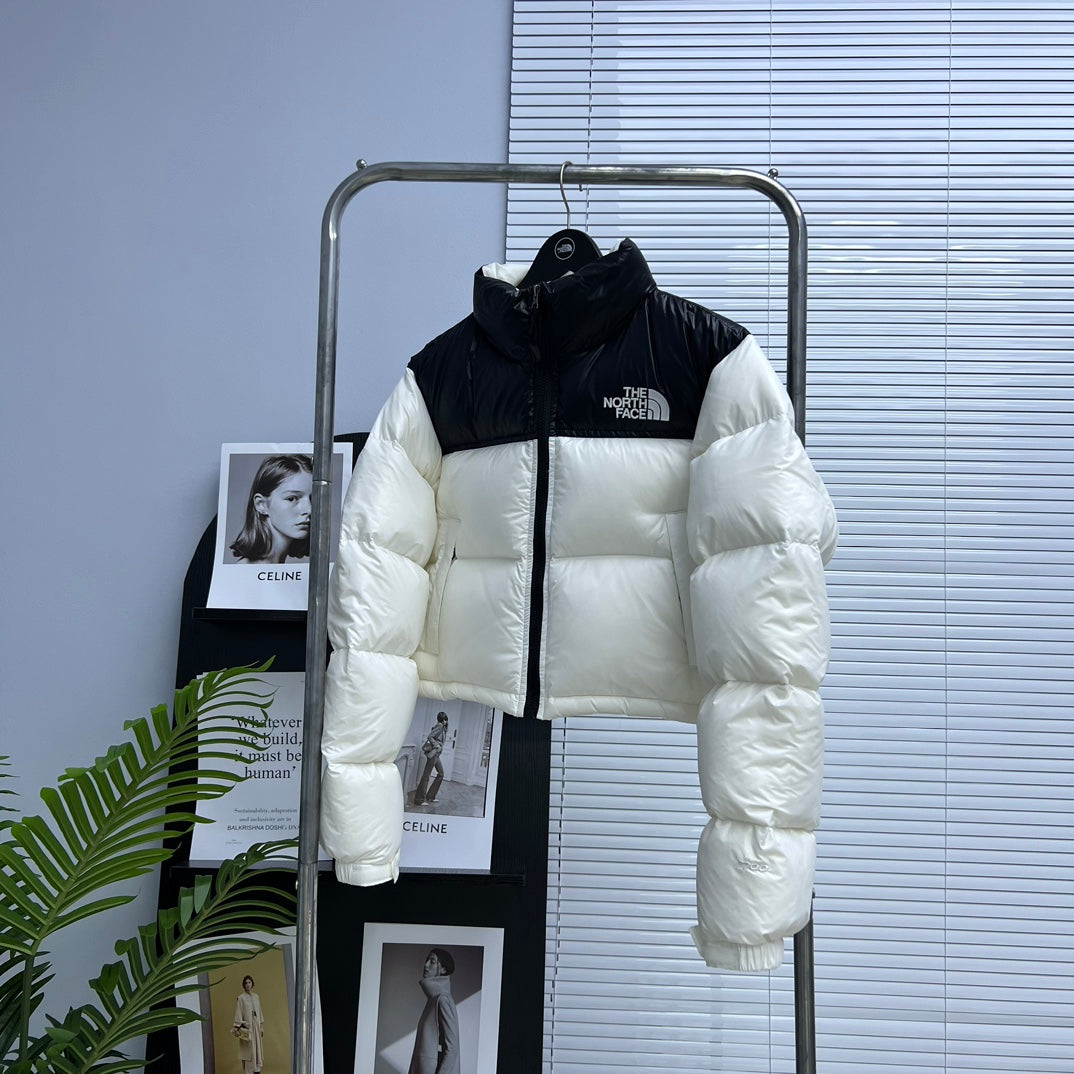 The North Face Black And White Color Block Cropped Nuptse Puffer Jacket