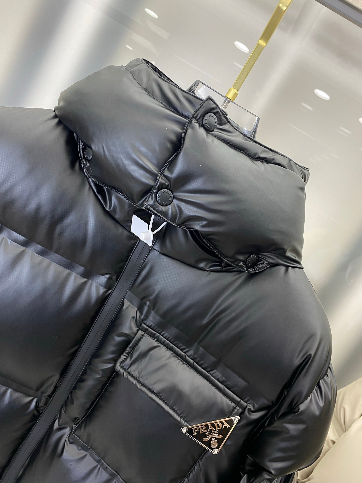 Black Prada Hooded Puffer Jacket With Logo Pocket