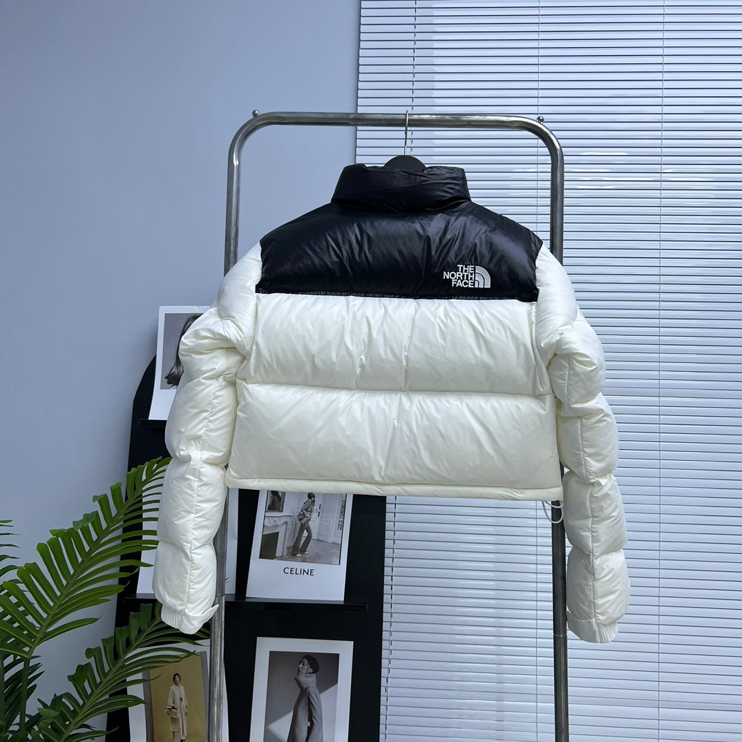 The North Face Black And White Color Block Cropped Nuptse Puffer Jacket