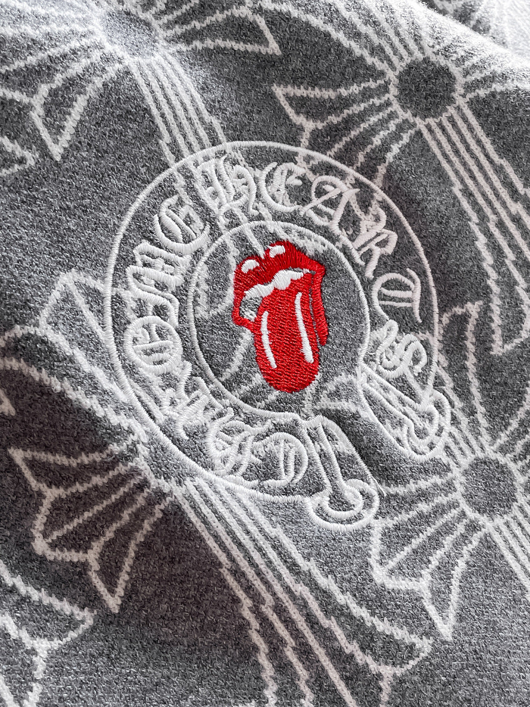 Chrome Hearts Style Grey Crew Neck Sweater With Cross Pattern And Tongue Emblem