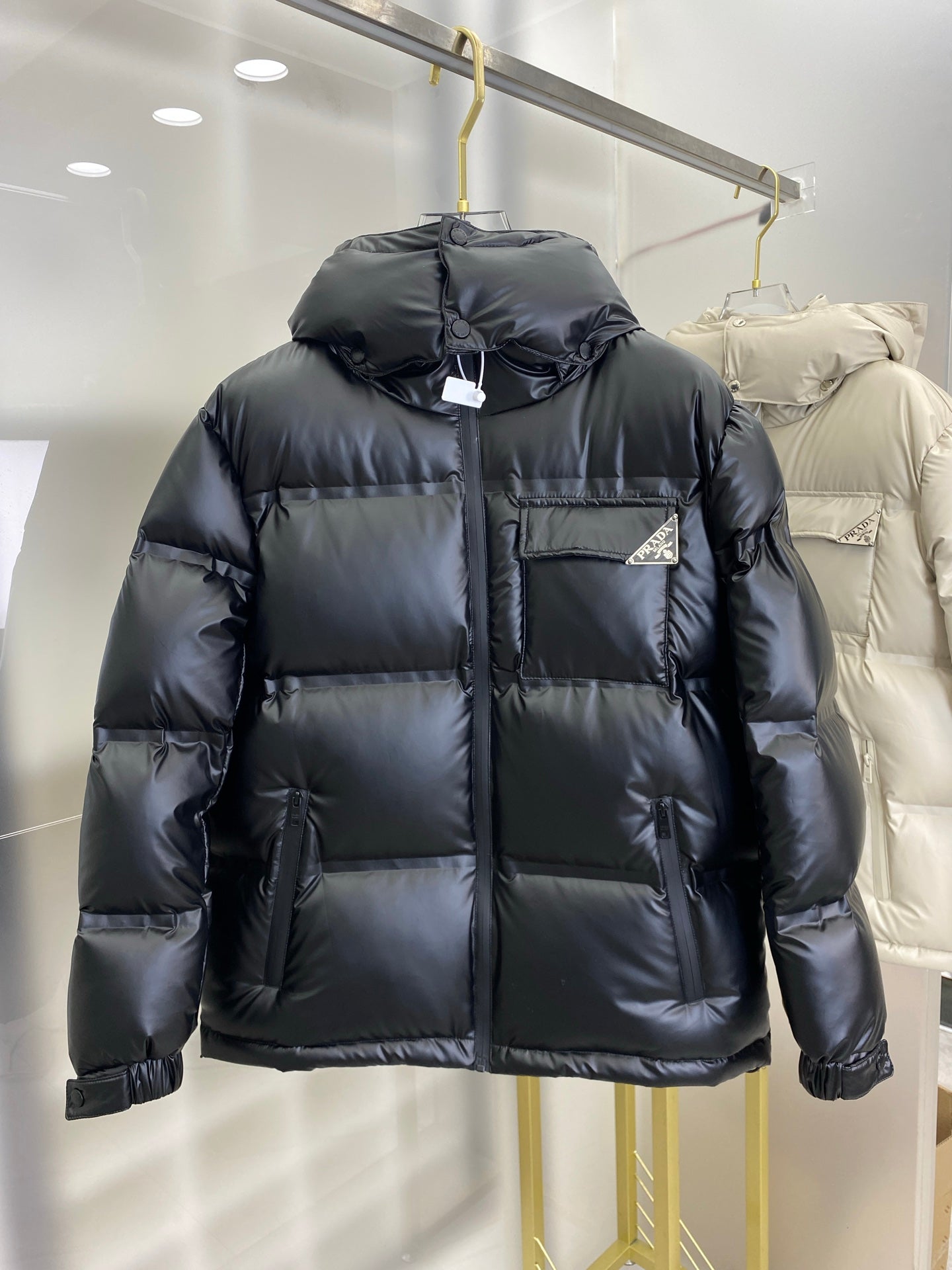 Black Prada Hooded Puffer Jacket With Logo Pocket