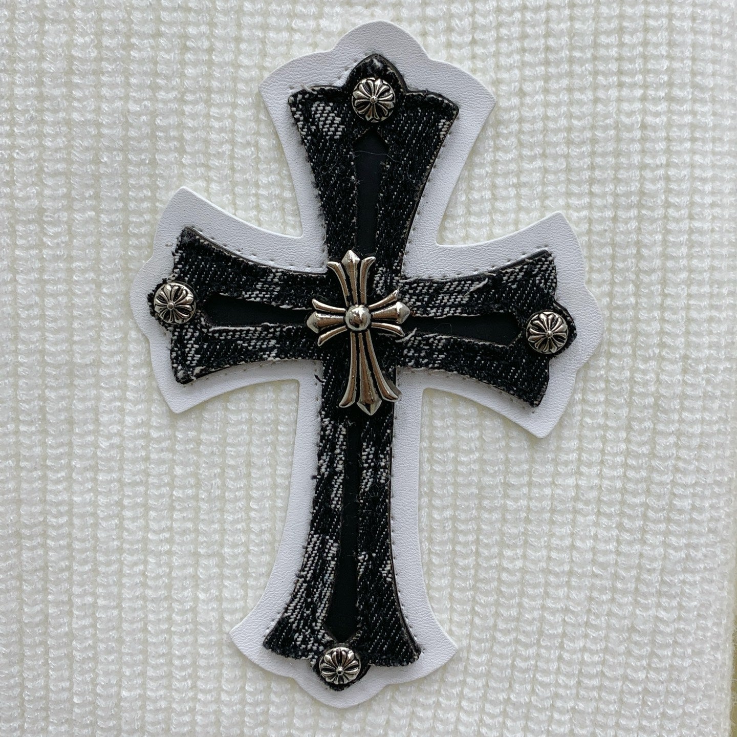 Chrome Hearts Inspired White Knit Cardigan With Collar Metal Buttons And Pockets