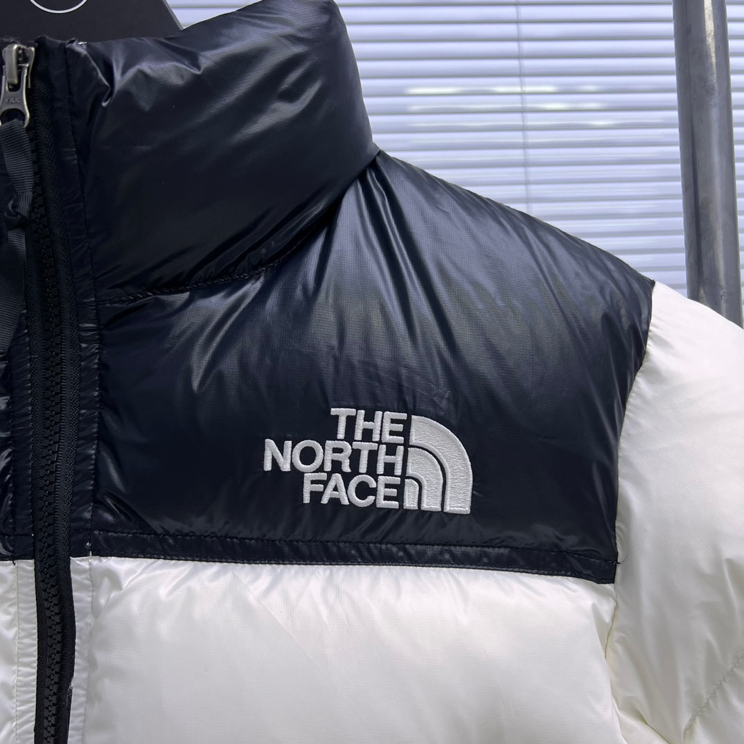 The North Face Black And White Color Block Cropped Nuptse Puffer Jacket