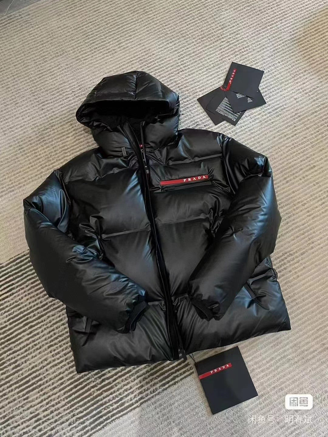 Prada Black Hooded Short Down Jacket With Brand Details