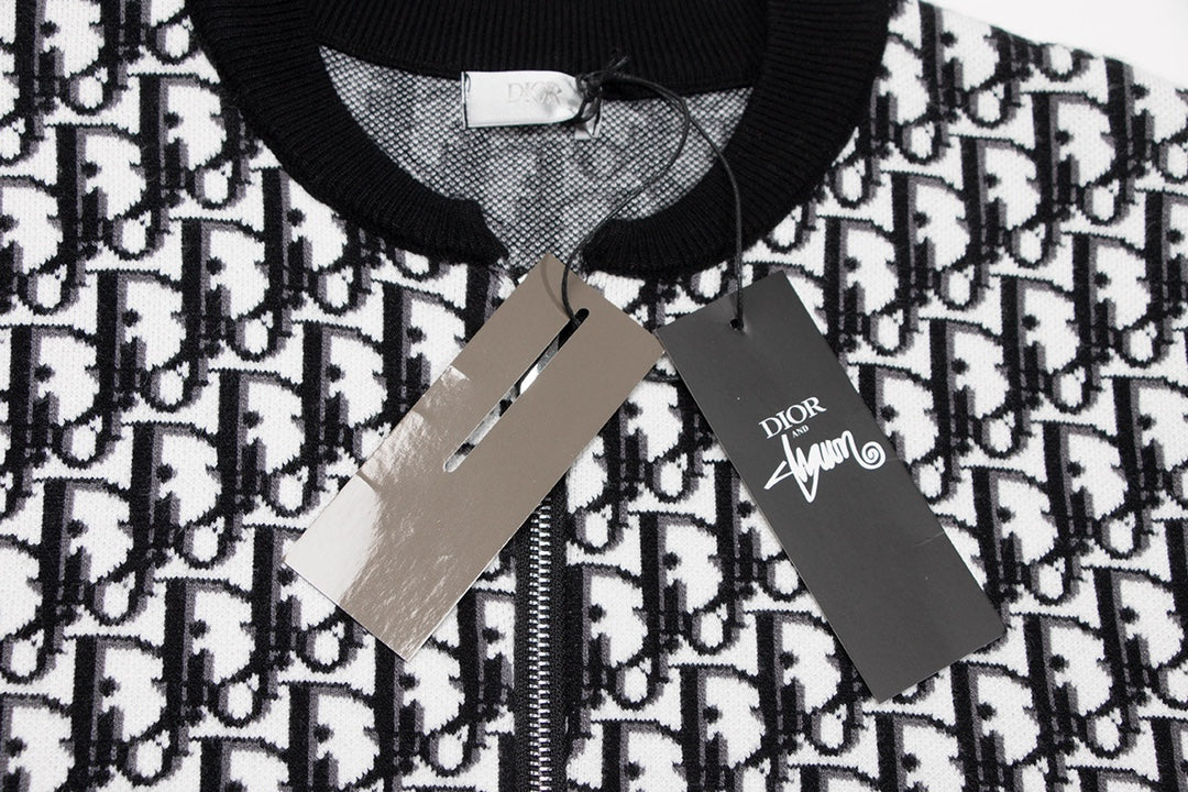 Dior Monogram Pattern Zip - Up Long Sleeve Fashion Sweater