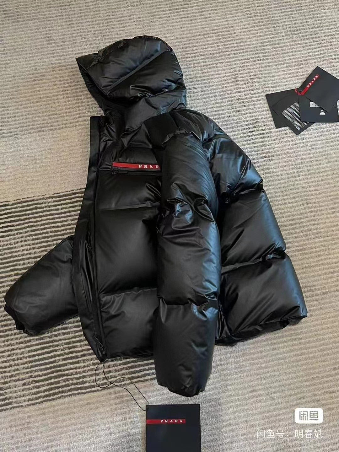 Prada Black Hooded Short Down Jacket With Brand Details