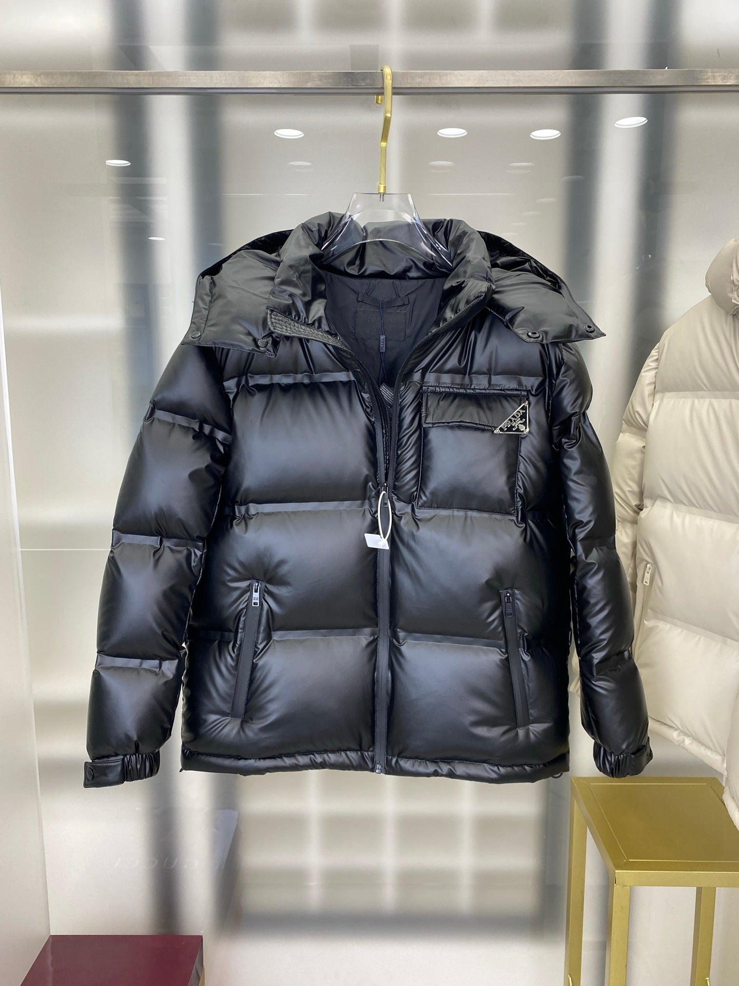 Black Prada Hooded Puffer Jacket With Logo Pocket