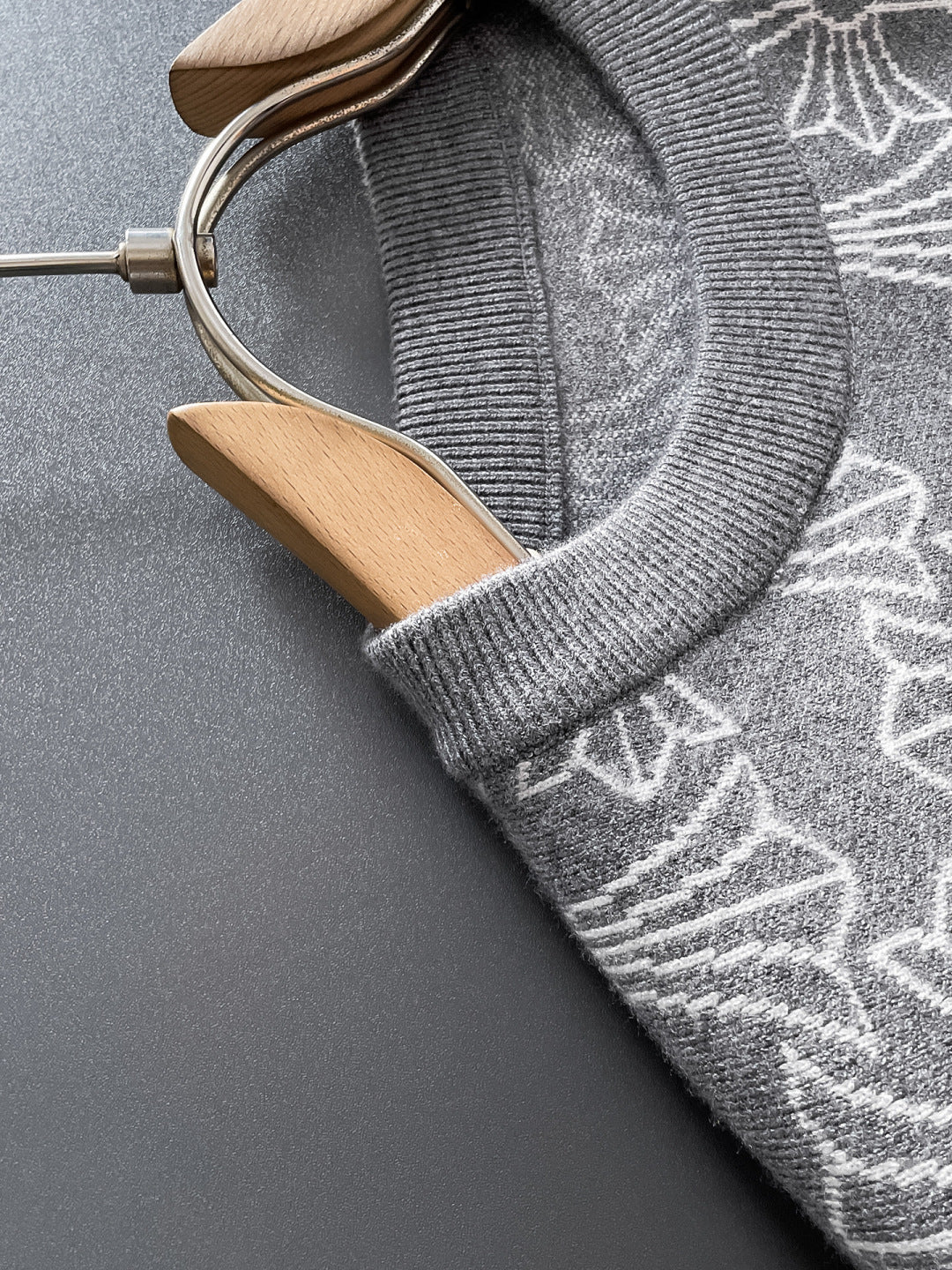 Chrome Hearts Style Grey Crew Neck Sweater With Cross Pattern And Tongue Emblem