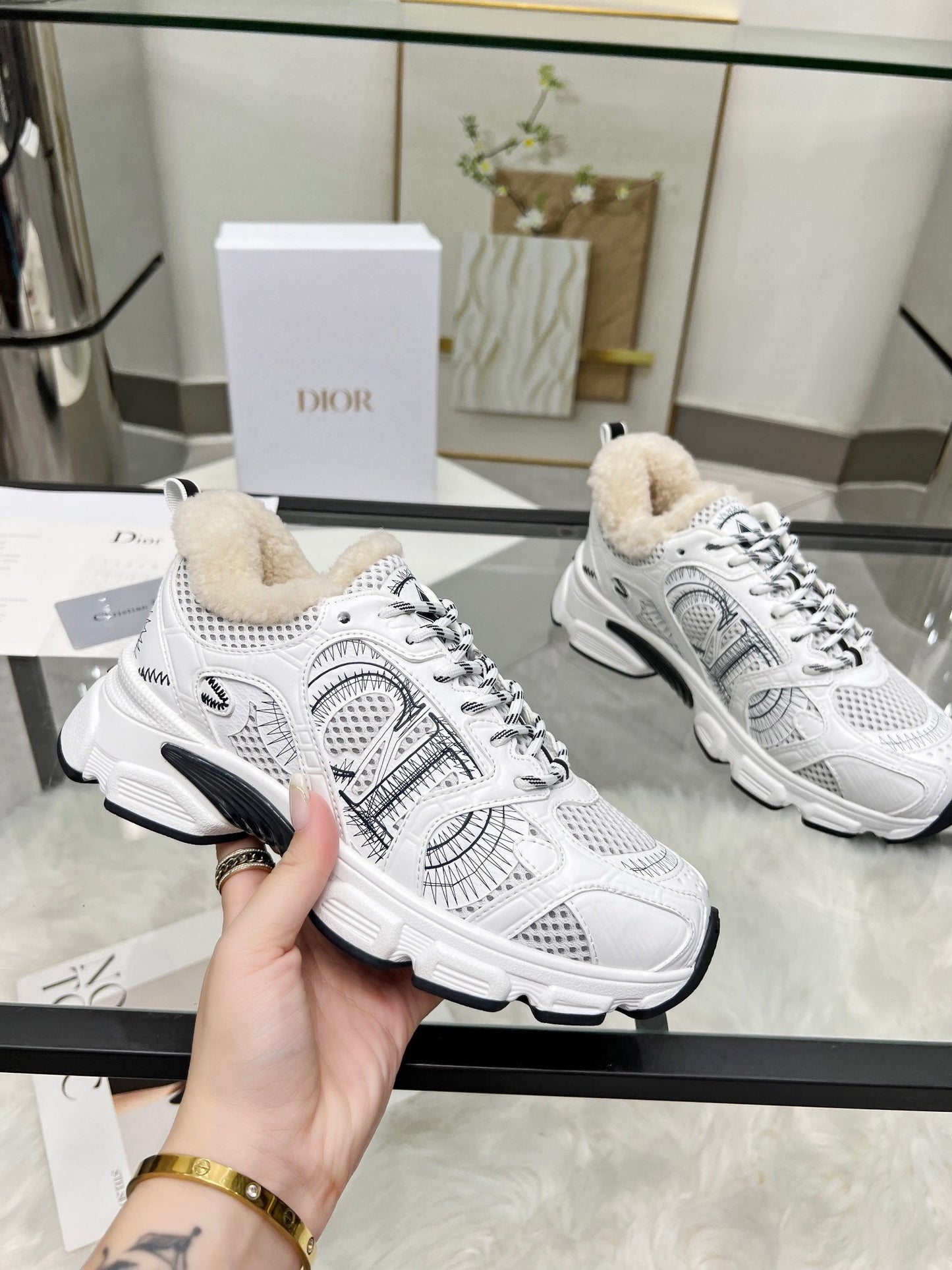 Women's Dior White Sneakers With Warm Fleece Lining