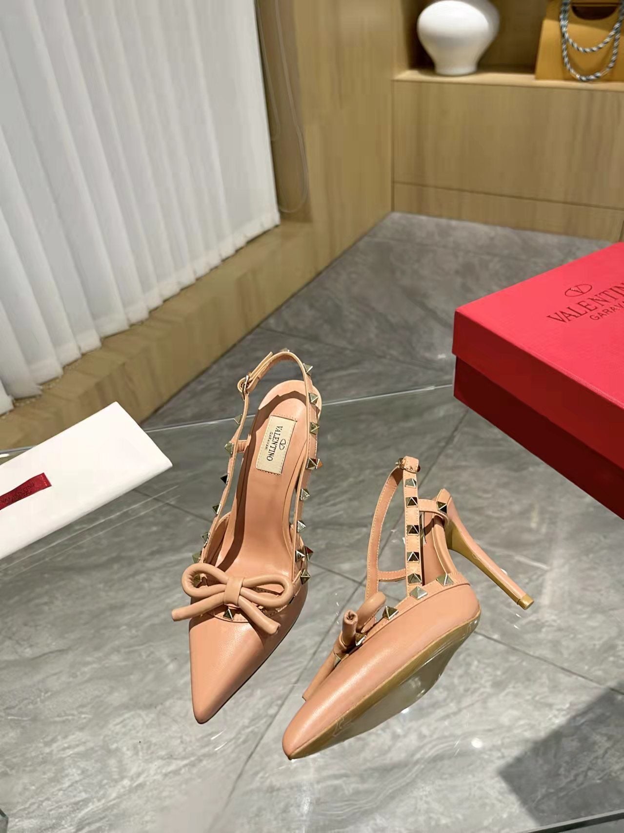 Valentino Women's Rockstud Bow Slingback Pumps Luxury Pointed Toe High Heels