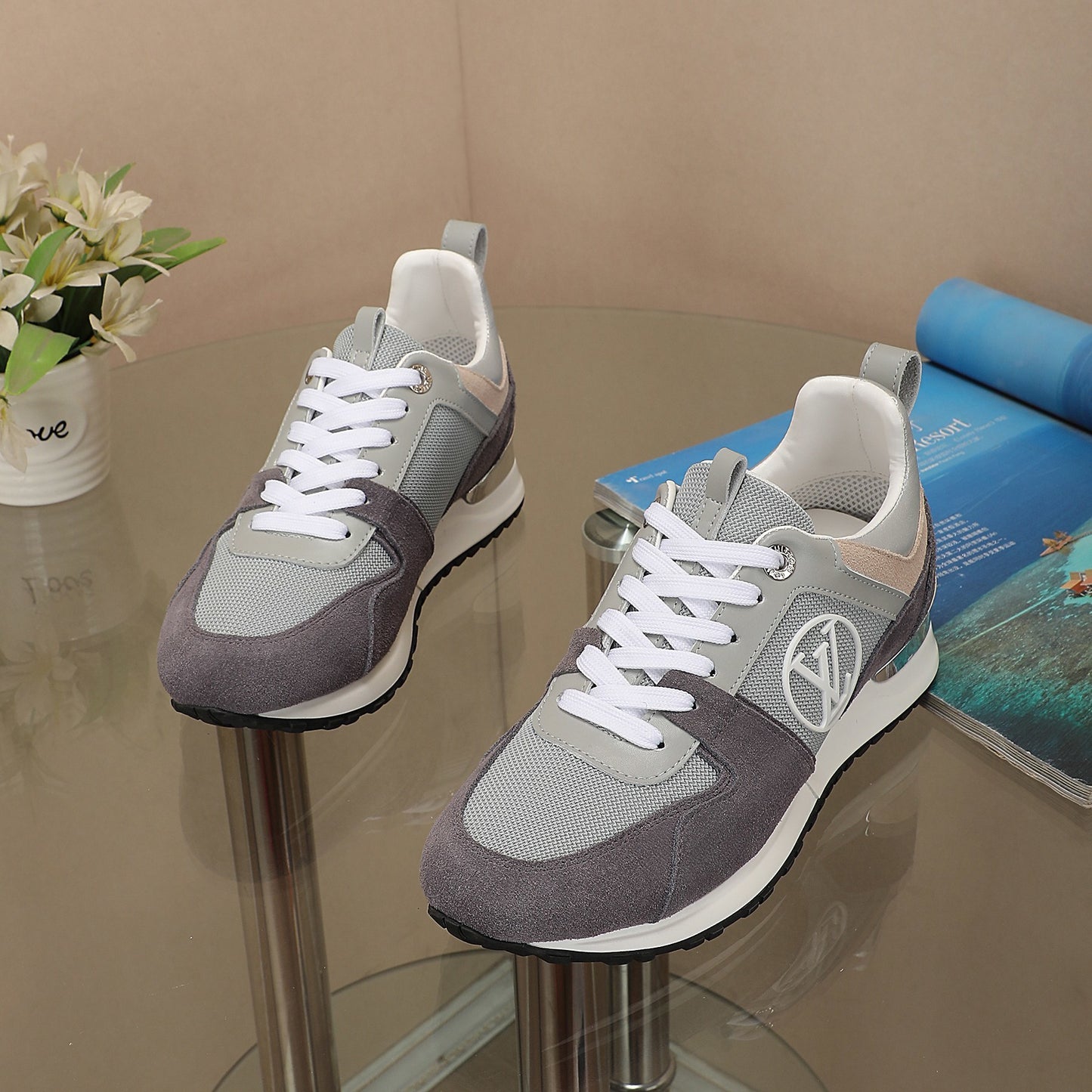 Louis Vuitton Women's Grey Mesh and Suede Sneakers with Iconic Logo
