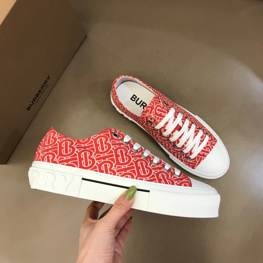 Burberry Unisex Red Monogram Canvas Sneakers Stylish Comfortable Footwear For Men And Women With Signature Logo Pattern