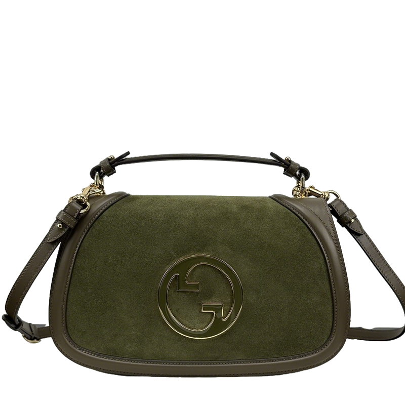Gucci Olive Green/Brown Suede Shoulder Bag With Gold Tone Interlocking G Logo And Leather Trims