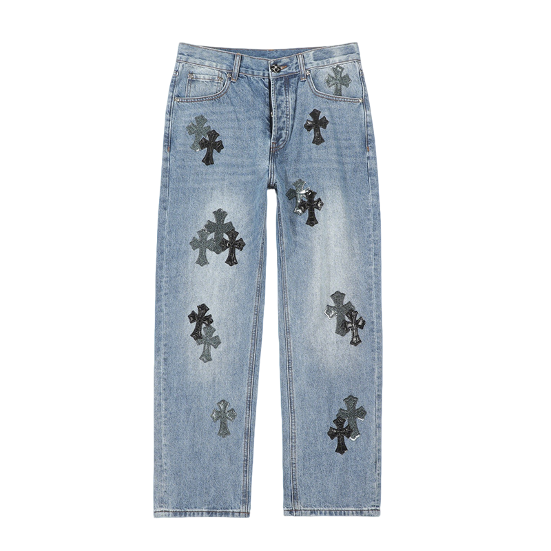 Chrome Hearts Inspired Men's Blue Jeans With Cross And Leopard Patches