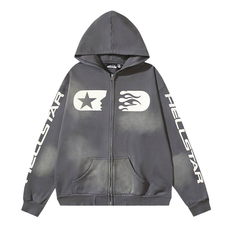 Dark Gray Hooded Jacket With Hellstar Star And Flame Prints