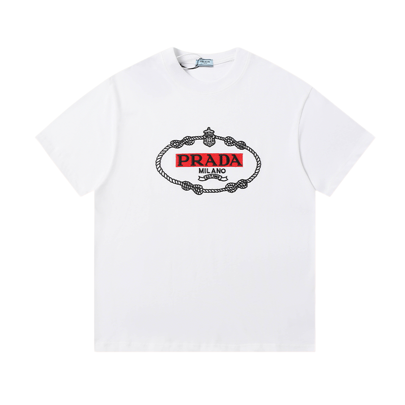 Prada White/Black Tee With Classic Rope - Framed Logo For Timeless Luxury Style