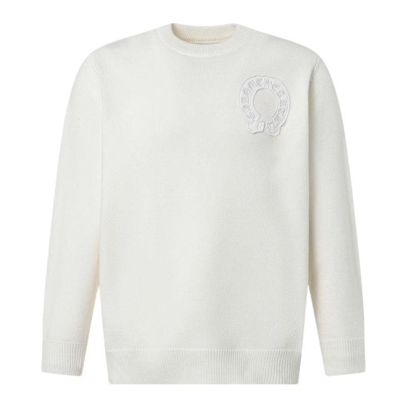 Chrome Hearts Inspired White Crew Neck Sweater With Embroidered Logo Detail
